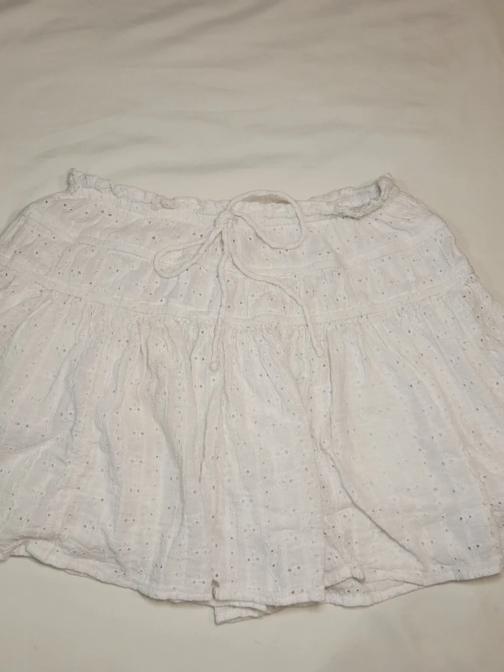 American Eagle Outfitters White Eyelet Tiered Mini Skirt with Drawstring